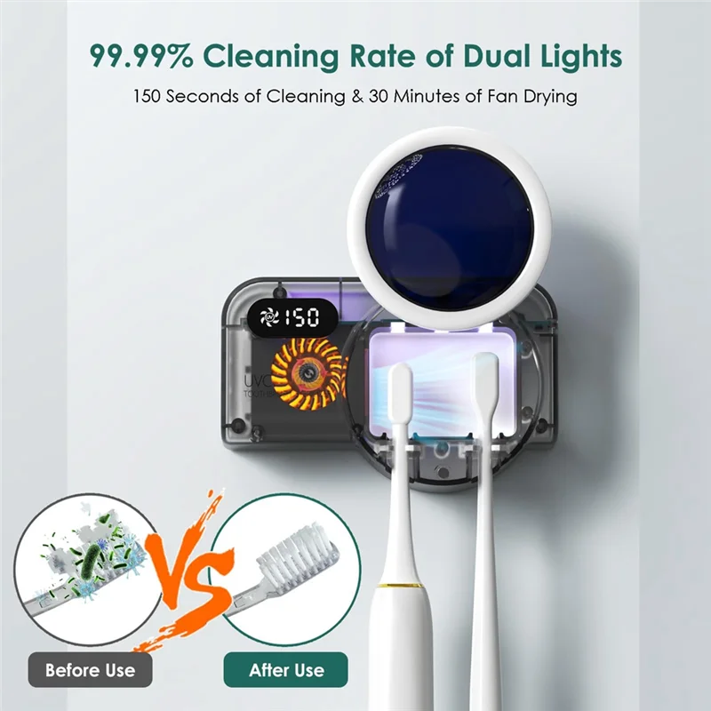 Smart Toothbrush Holder with Wall Mount and Rechargeable Cleaner