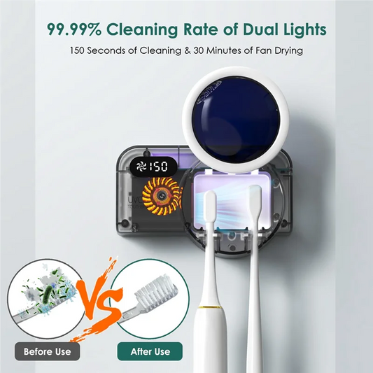 Wall mount toothbrush sanitizer with digital display holding two white toothbrushes and showing before and after cleaning.