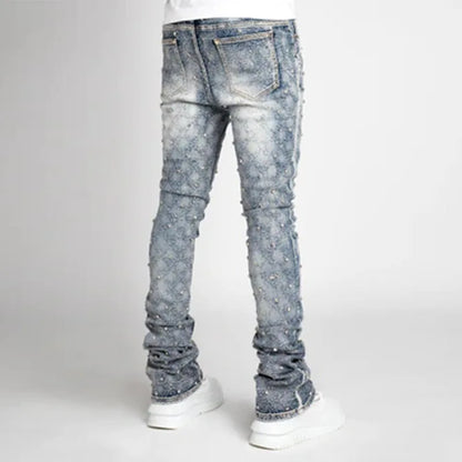Stretchy Pearls Skinny Jeans For Men 2024 New Fashion Fashion Rhinestone European Street Personality Stacked Denim Pants