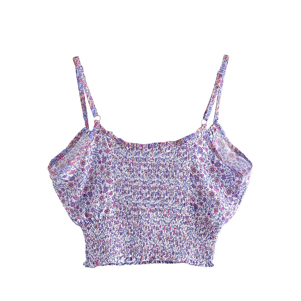 Purple floral print cropped camisole with stretchy smocked bodice for summer outfits.