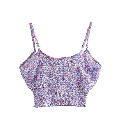 Purple floral print cropped camisole with stretchy smocked bodice for summer outfits.