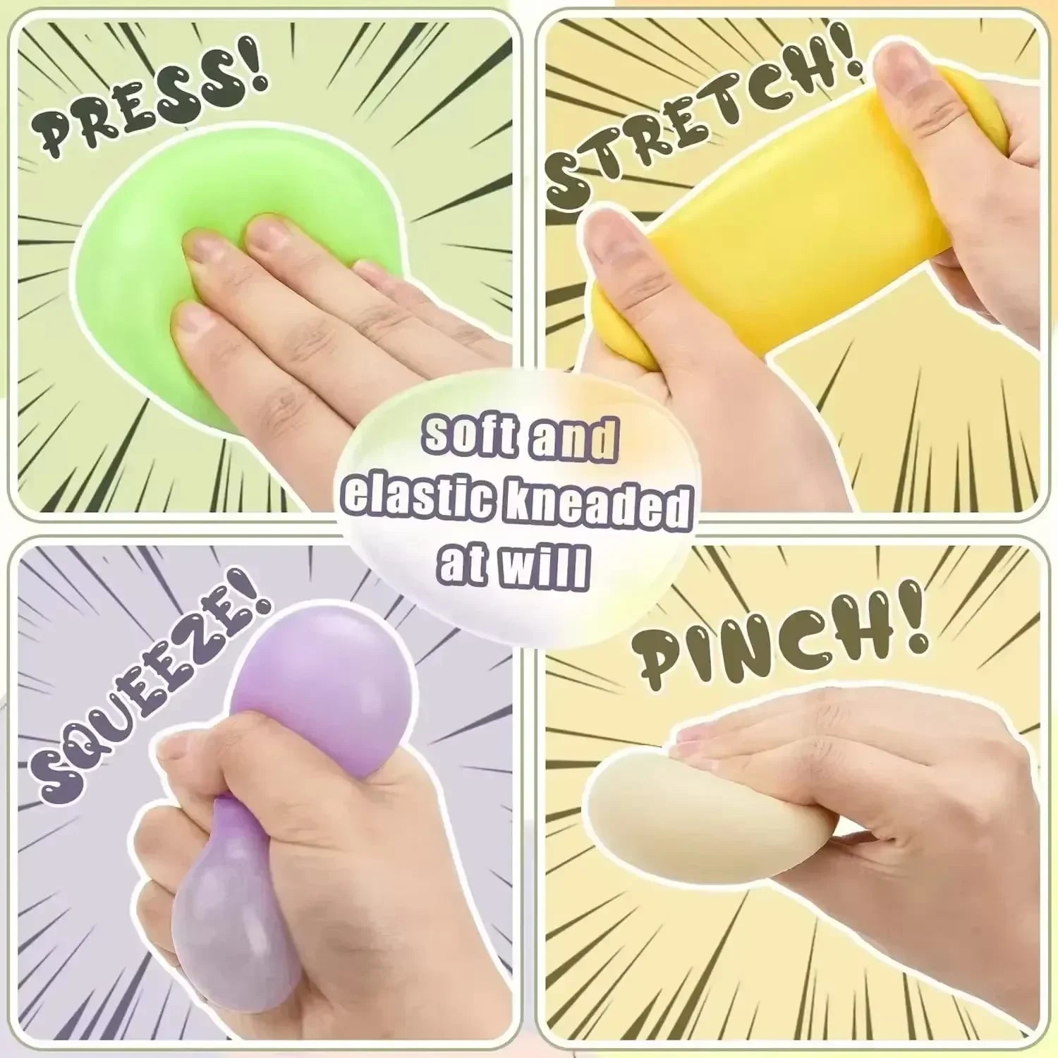 Soft, stretchy green, yellow, purple, and cream dumpling squishy fidget toy set for stress relief.