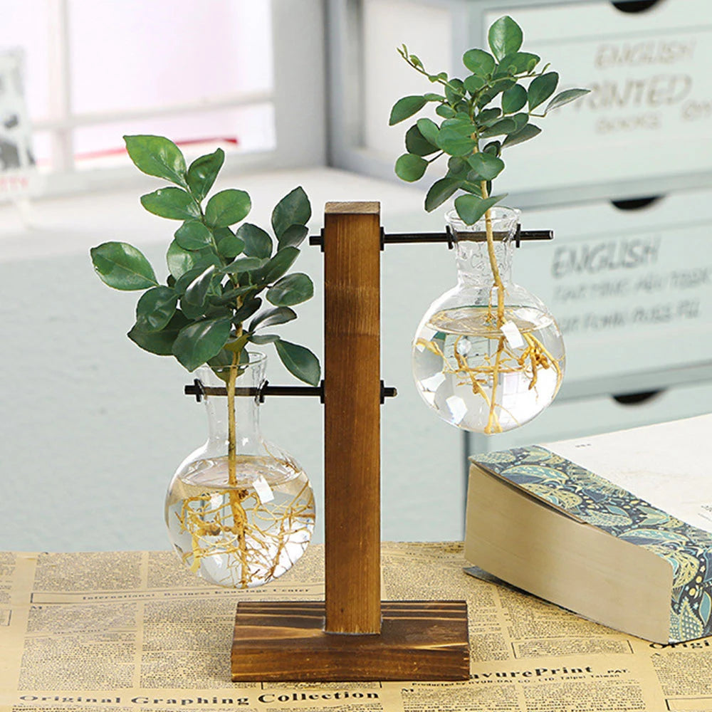 Glass Bulb Vase on Wooden Stand for Desk Decor and Office Display