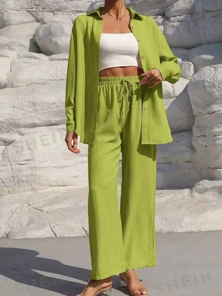 Fashion Solid Set For Women Casual Long Sleeve Turn-down Collar Shirt Tops+High Waist Wide Leg Pants 2 Pieces Sets Lady Clothes