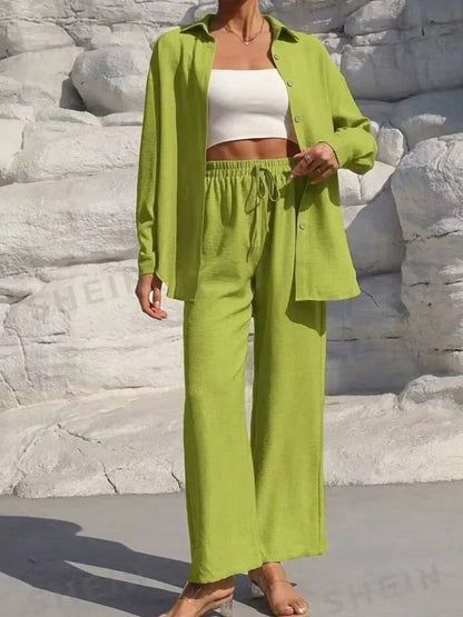 Fashion Solid Set For Women Casual Long Sleeve Turn-down Collar Shirt Tops+High Waist Wide Leg Pants 2 Pieces Sets Lady Clothes