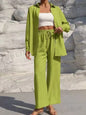 Fashion Solid Set For Women Casual Long Sleeve Turn-down Collar Shirt Tops+High Waist Wide Leg Pants 2 Pieces Sets Lady Clothes