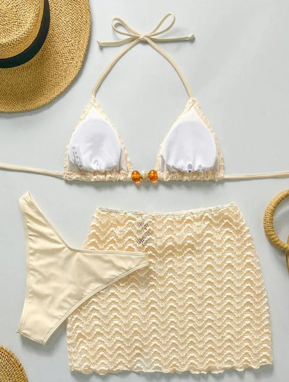 Women's Halter Push-Up Three-Piece Bikini Set with Skirt Cover-Up