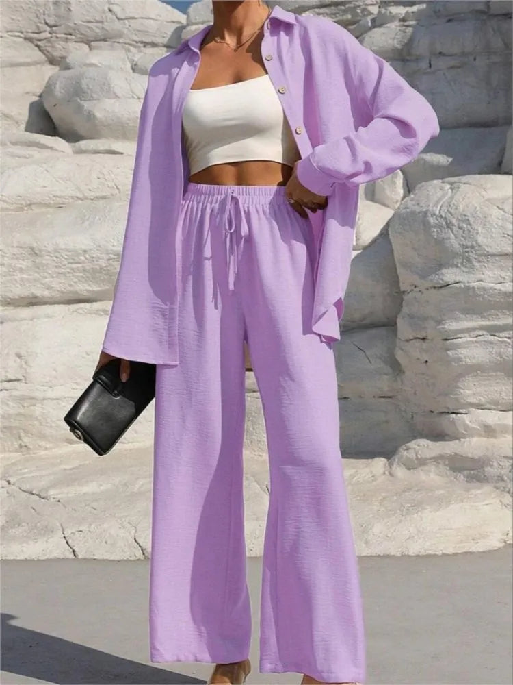 Fashion Solid Set For Women Casual Long Sleeve Turn-down Collar Shirt Tops+High Waist Wide Leg Pants 2 Pieces Sets Lady Clothes