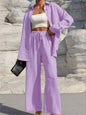 Fashion Solid Set For Women Casual Long Sleeve Turn-down Collar Shirt Tops+High Waist Wide Leg Pants 2 Pieces Sets Lady Clothes