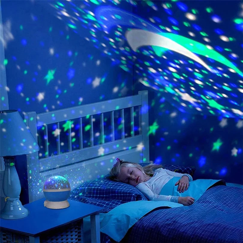 Blue dome LED night light projecting rotating nebula stars on bedroom walls, creating a calming space for sleep.