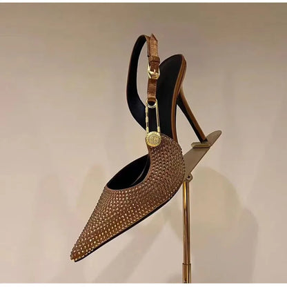 Sequined Slingback Pumps with Rhinestone Buckle for Women featuring Slim 9.6 cm Heel