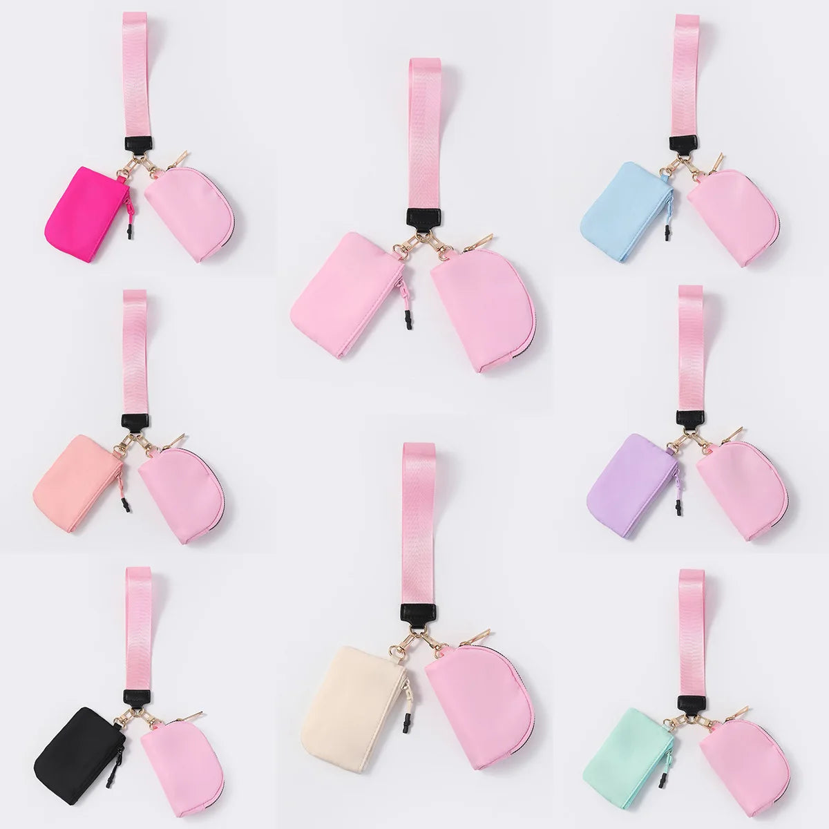 Colorful nylon zip closure wristlet wallet with dual pouches and an adjustable strap for carrying cards and coins.