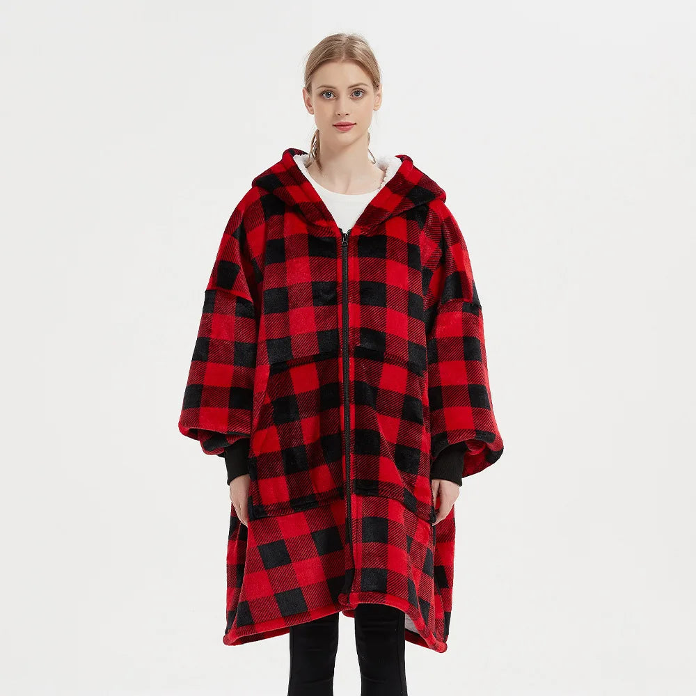 Unisex Ultra Thick Lamb Velvet Pajamas With Hooded Blanket And Zipper For Winter Sleepwear