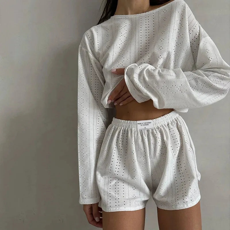 Soft Two-Piece Pajama Set with Long Sleeve Top and Shorts for Women