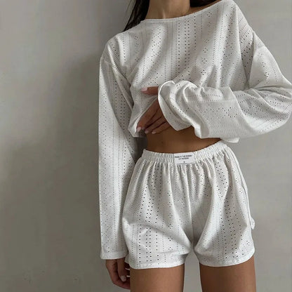 Soft Two-Piece Pajama Set with Long Sleeve Top and Shorts for Women