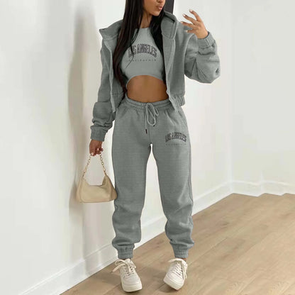 Grey knit sweater set with Los Angeles letter print, featuring a relaxed hooded jacket for lounging.