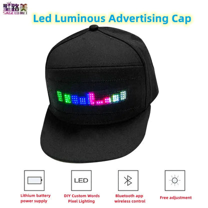 Led Luminous Advertising Hat DIY Custom Words Pixel Lighting Rechargeable Bluetooth APP Control Scrolling Message Flexible Cap