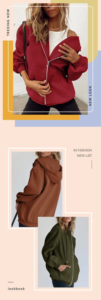 Women's Cotton Blend Hooded Sweatshirt With Zipper And Drawstring Pocket Long Sleeve