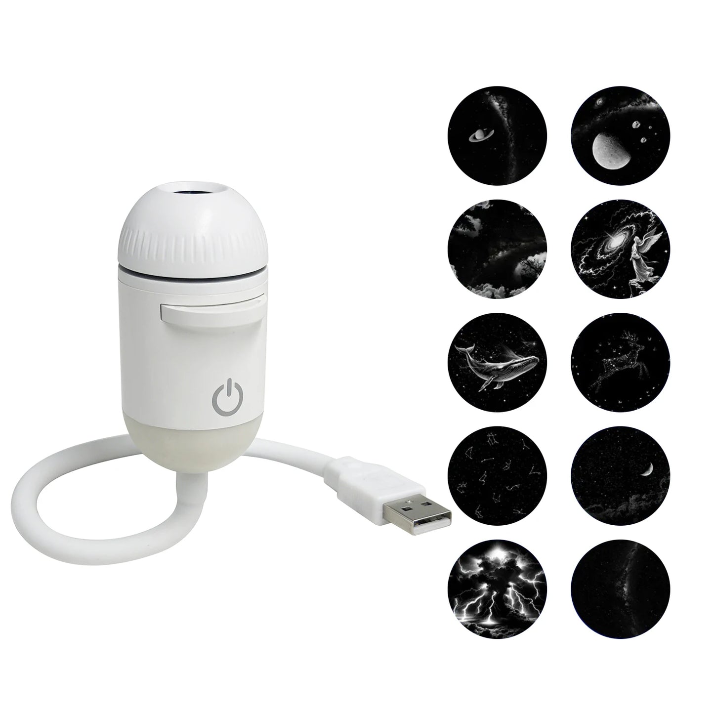 White portable LED star projector with USB cable and multiple nebula slides for ceiling projection in a bedroom.