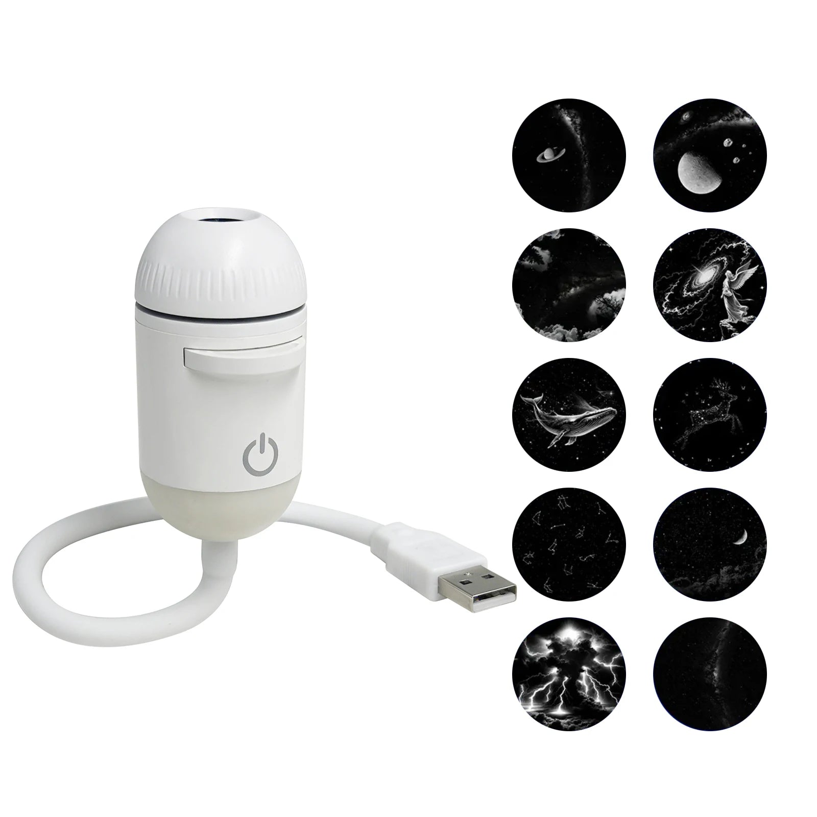 White portable LED star projector with USB cable and multiple nebula slides for ceiling projection in a bedroom.