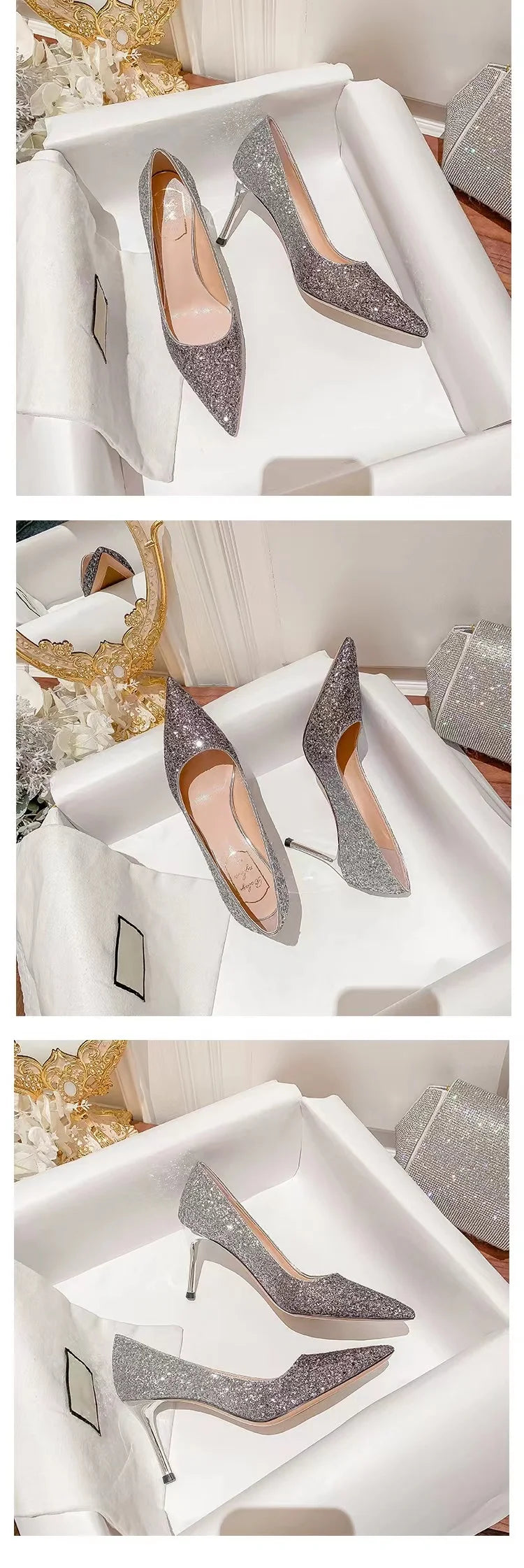 Silver glitter pointed-toe slim heel dress shoes for formal weddings.