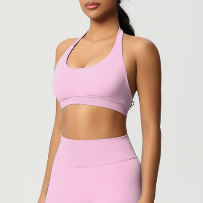 Women’s Seamless Halter Backless Push-Up Sports Bra Cotton-Poly For Gym Running