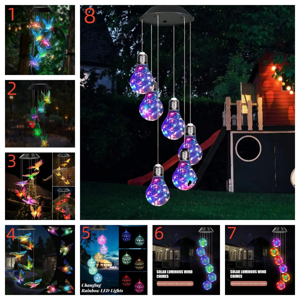 Home decor solar wind chimes with hanging LED light bulbs for outdoor garden patio