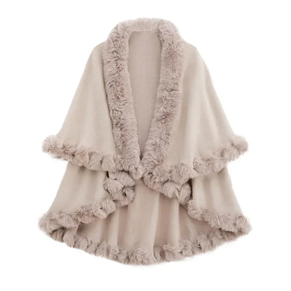 Double Layer Faux Fur Trim Womens Knitted Poncho Shawl Warm Cape Multiple Colors Ideal for Fall and Winter Daily and Formal Wear