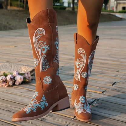 Women's Boots  New Embroidered Long Tube Boots Low Heel Calf Waterproof Cold Resistant Comfort Fashion Knight Boots