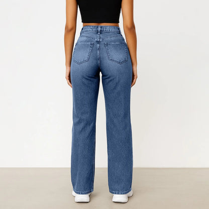 Soft Light Blue Wide Leg Jeans High Waist With Front Pockets Stretch
