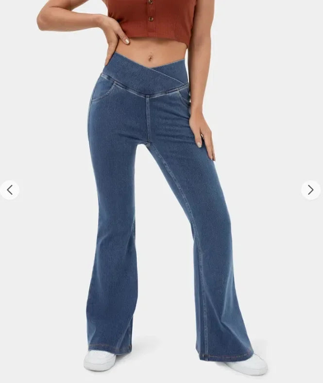 Stretch Pants High Waisted Crossover Flare with Bootcut Silhouette