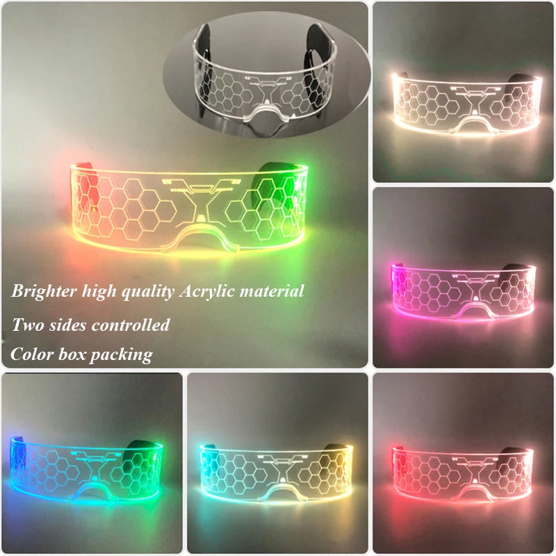 LED festival glasses glowing with crystal bead illumination and acrylic honeycomb frame design