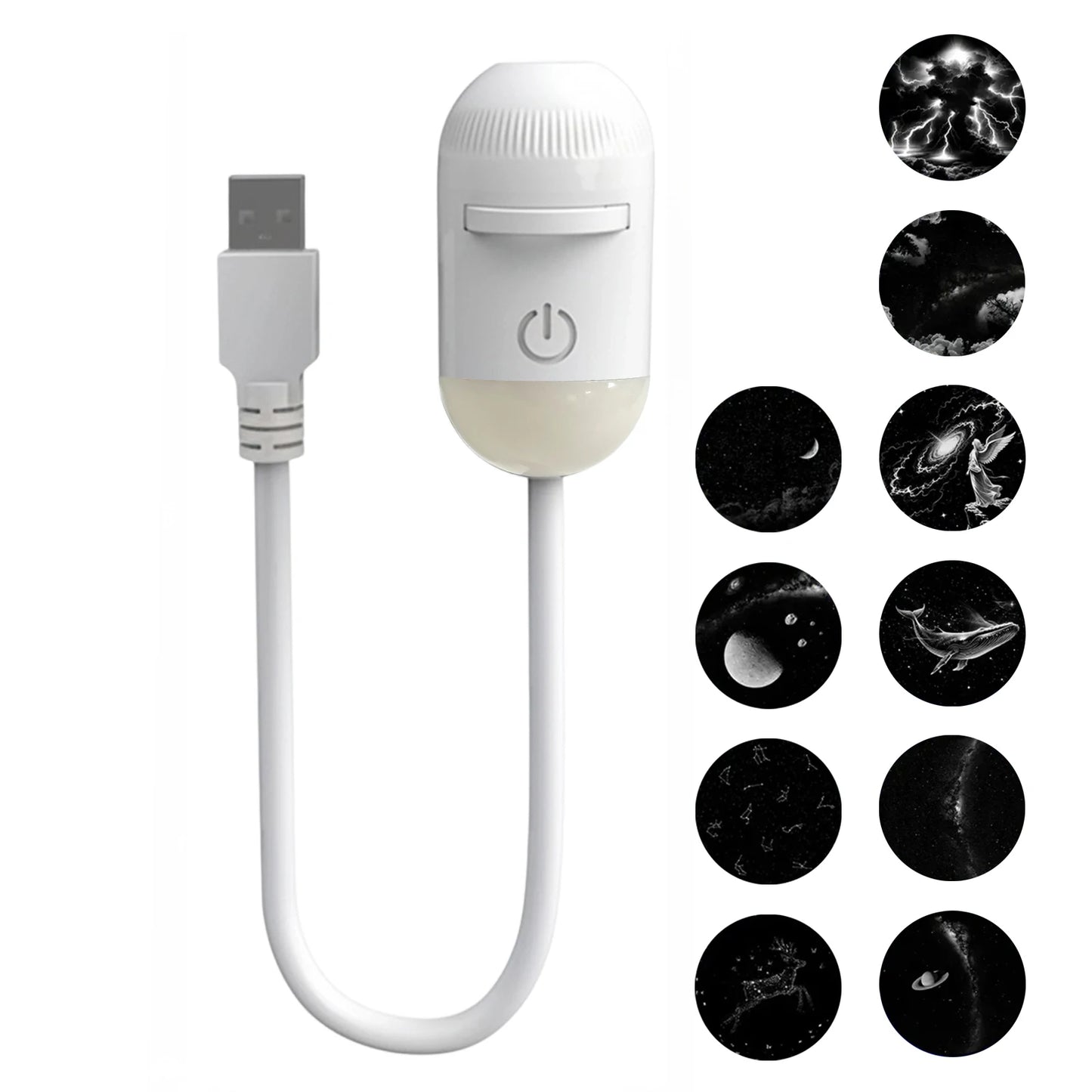 White portable LED projector with USB cable and nebula patterns for relaxing ceiling light in bedrooms.