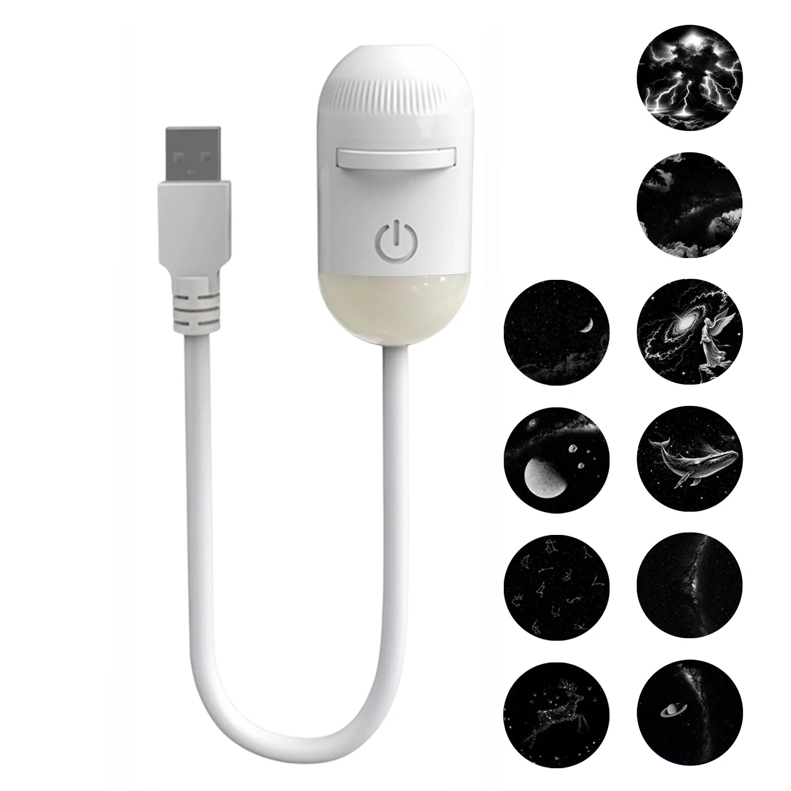 White portable LED projector with USB cable and nebula patterns for relaxing ceiling light in bedrooms.
