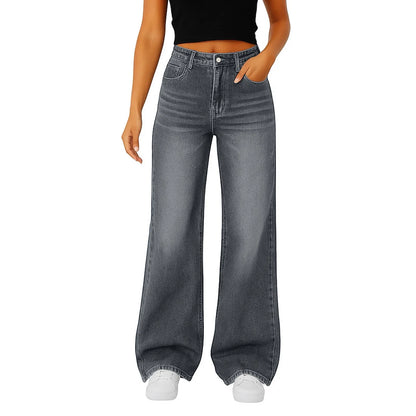 Soft Light Blue Wide Leg Jeans High Waist With Front Pockets Stretch