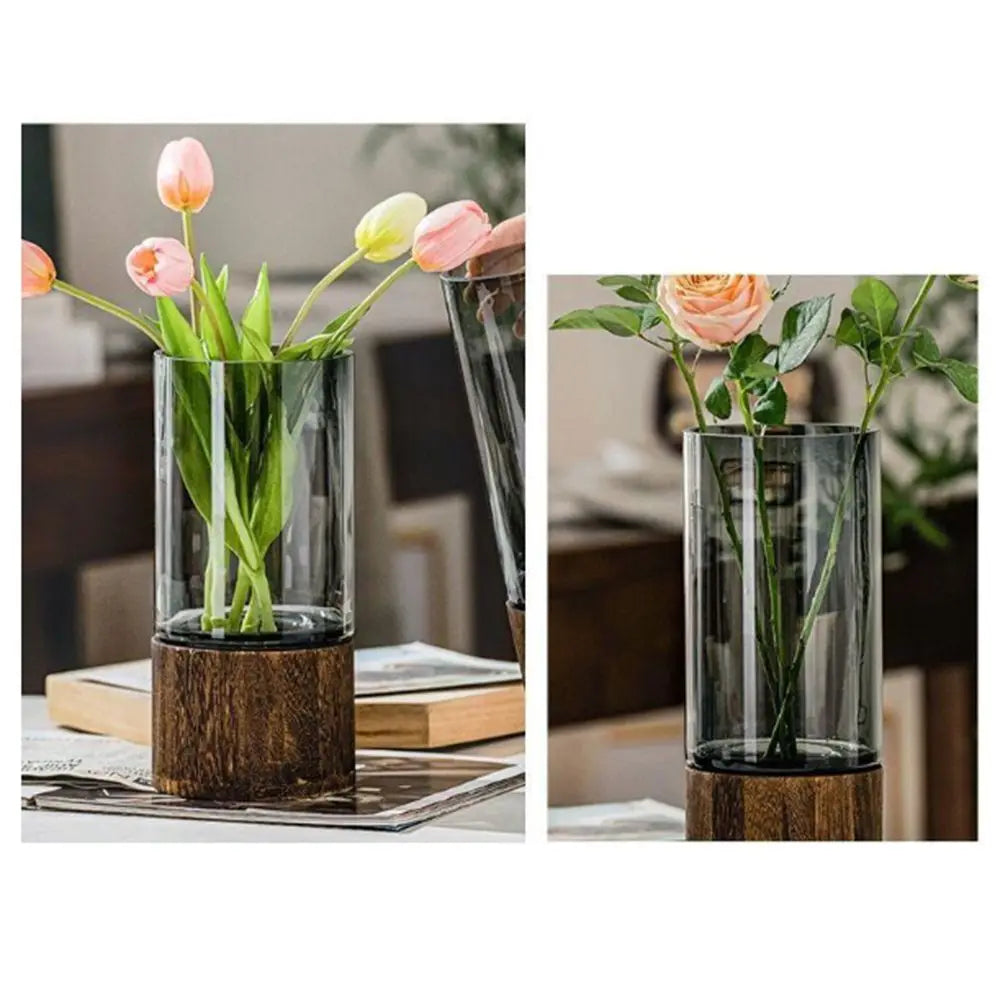 Crystal Glass Vase With Solid Wood Base In Modern Style With Slim Profile For Centerpiece Display