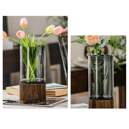 Crystal Glass Vase With Solid Wood Base In Modern Style With Slim Profile For Centerpiece Display