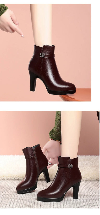 Burgundy leather ankle boots with block heel, platform, and rhinestone strap detail.