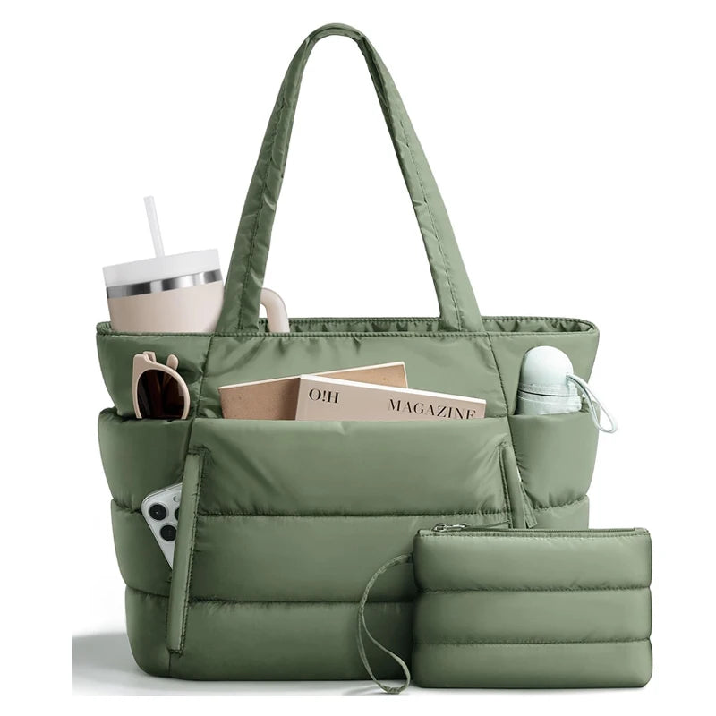 Sage green quilted multi-pocket tote bag with zip closure, organized for travel and daily work essentials.