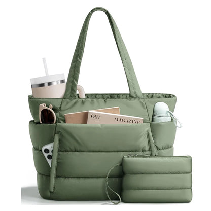 Sage green quilted multi-pocket tote bag with zip closure, organized for travel and daily work essentials.