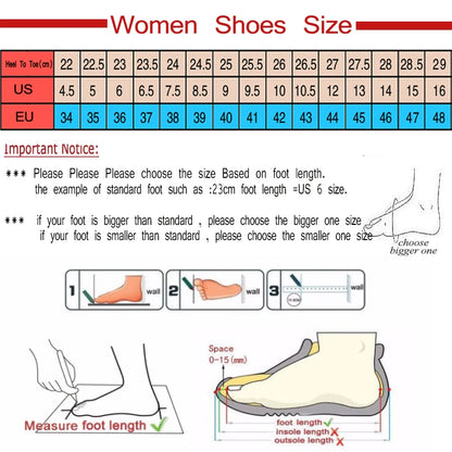 Women's shoes size chart with conversion tables and instructions on how to measure foot length.