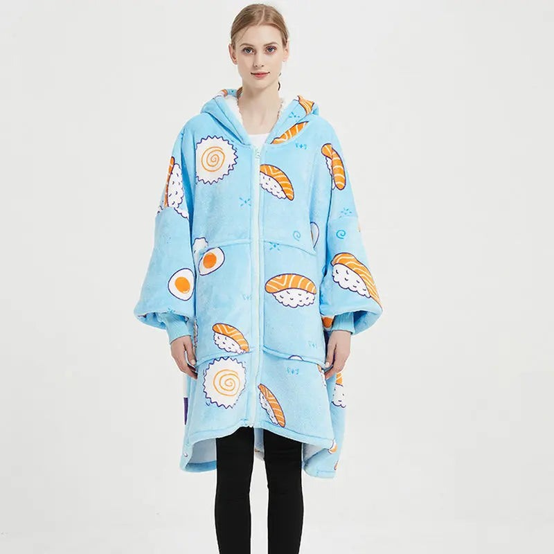 Unisex Ultra Thick Lamb Velvet Pajamas With Hooded Blanket And Zipper For Winter Sleepwear