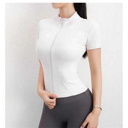 White polyester fitted sports jacket with a front zip for running, cycling, and yoga.
