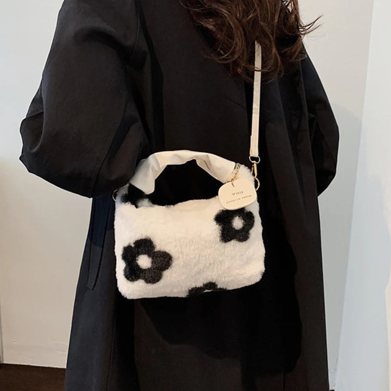 Women Faux Fur Plush Handbags Ruched Handle Small Lady Shoulder Crossbody Bag Casual Half-Moon Hobos Winter Bags for Women