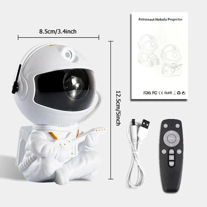 White astronaut-shaped LED home decor lamp with a remote and power cable for ceiling light projection.