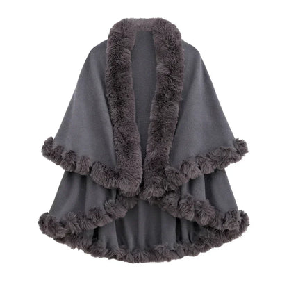 Double Layer Faux Fur Trim Womens Knitted Poncho Shawl Warm Cape Multiple Colors Ideal for Fall and Winter Daily and Formal Wear
