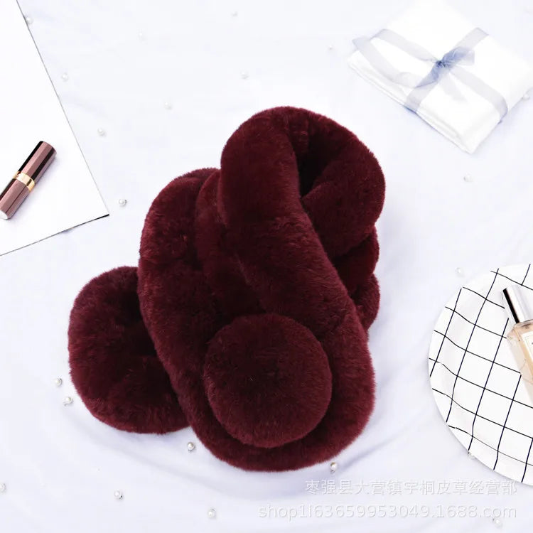 Burgundy rabbit fur short scarf, triple-tube style with a plush pom pom accent.
