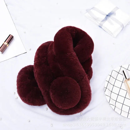 Burgundy rabbit fur short scarf, triple-tube style with a plush pom pom accent.