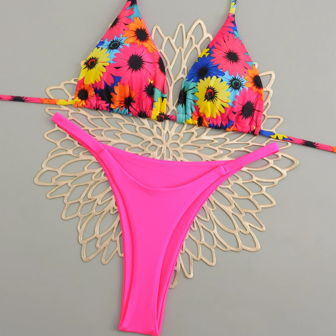 Women's Triangle Lace-Up Bikini Set with Adjustable Straps and Thong Bottom