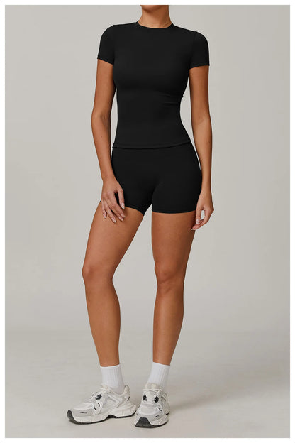 Women Yoga Set 2PCS Workout Set Sportswear Gym Clothing Fitness Long Sleeve High Waist Leggings Cycling Shorts WORKOUT REVOLUTION